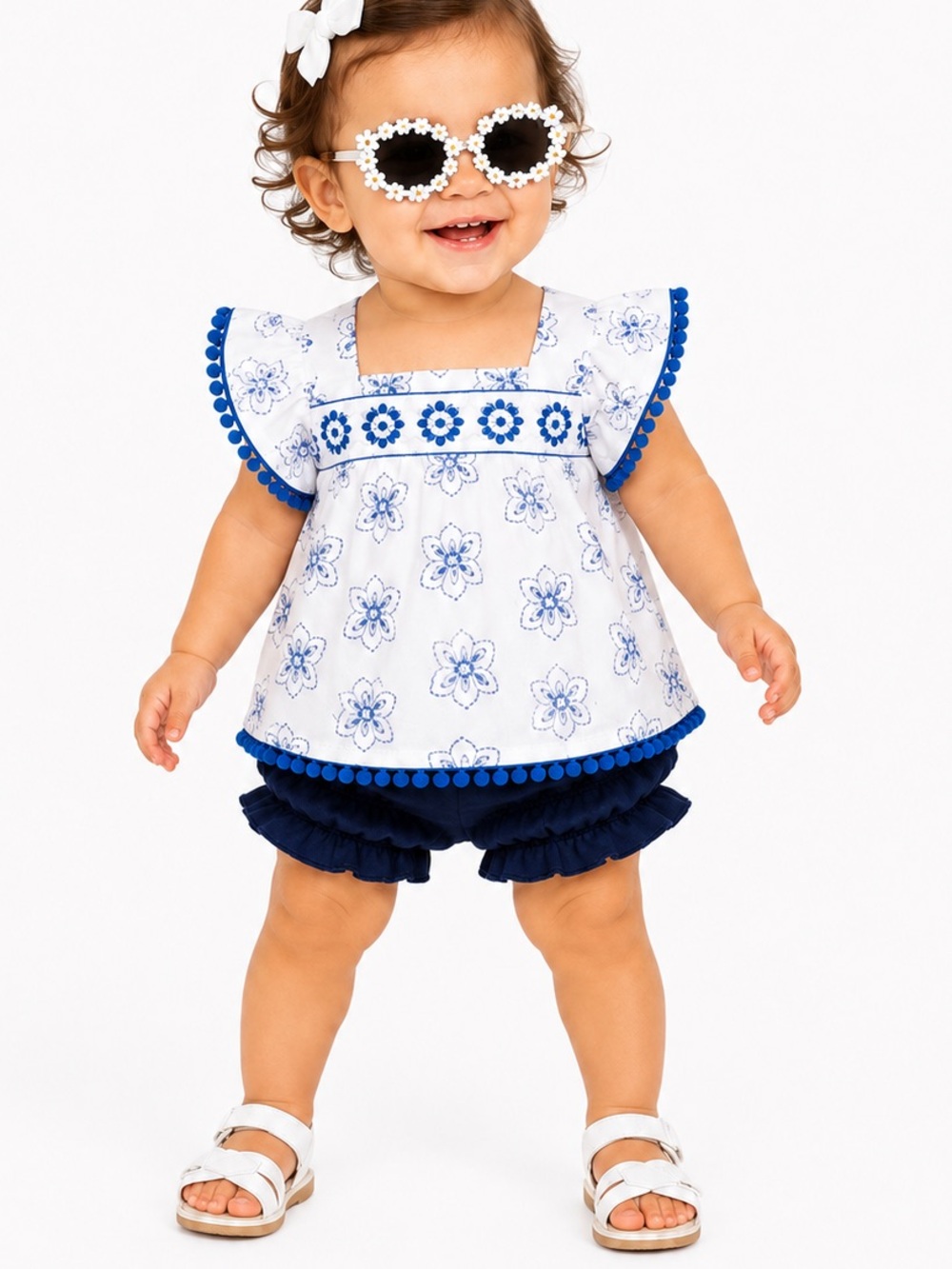NEW - Rachel Zoe Blue Floral Embroidered 3PC Dress, Shorts, Sunnies Set – 18m